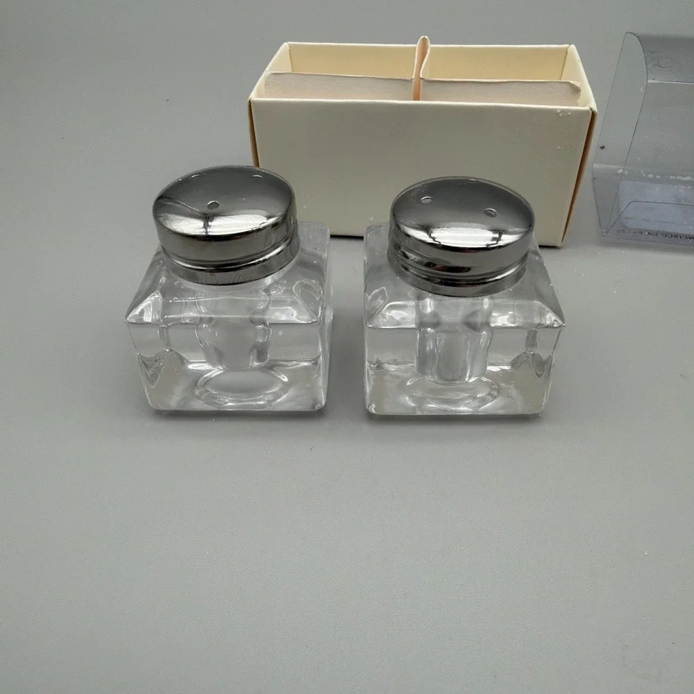 Pottery Barn Monterey Glass Table Top Salt Pepper Shakers in Box Chrome